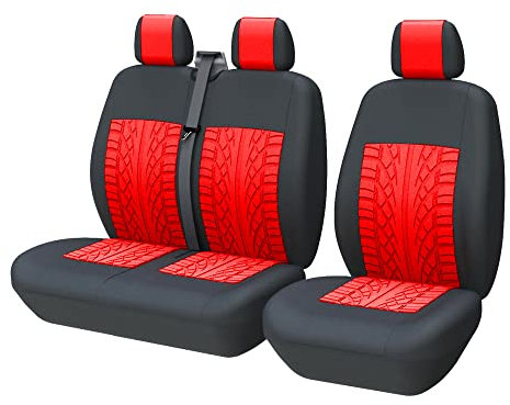 TOYOUN Universal Auto-Sitzbezüge für Transporter LKW Vorn Autositzbezüge 3D-Reifen-Spur-Muster Sitzbezug Fahrersitz + 2er Beifahrersitzbank Schonbezüge, Rot