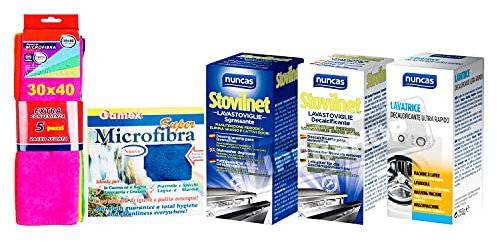 SET STOVILNET: LAVASTOVIGLIE SGRASSANTE 250GR+LAVASTOVIGLIE DECALCIFICANTE 250ML+LAVATRICE DECALCIFICANTE 250G+ PANNO GAMEX+ PANNO GAMEX MICROFIBRA+ Pacco 5 Pezzi Panni Microfibra 30X40 cm