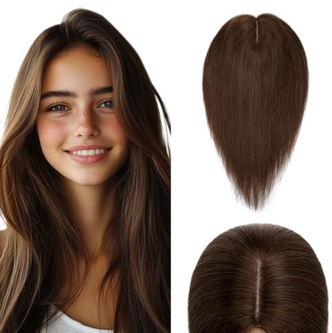 Elailite Clip in Toupet Frauen Haarteil Echthaar Topper Seide Basis 45cm 57g Clip in Extensions Haarverlängerung 130% Dichte Remy Silk Base Glatt 18 #04 Mittel Braun
