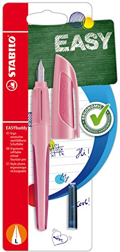 STABILO - School fountain pen with left-handed nib L - EASYbuddy pastel in rosy blush - blue (erasable) - incl. cartridge - blister