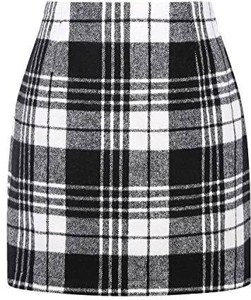 Onsoyours Damen Kariert Röcke Elegant Büro Rock Bleistift Figurbetont Minirock mit Plaid A Linie Hohe Taille Herbst Winter Vintage Retro Bodycon Rock Weiß L