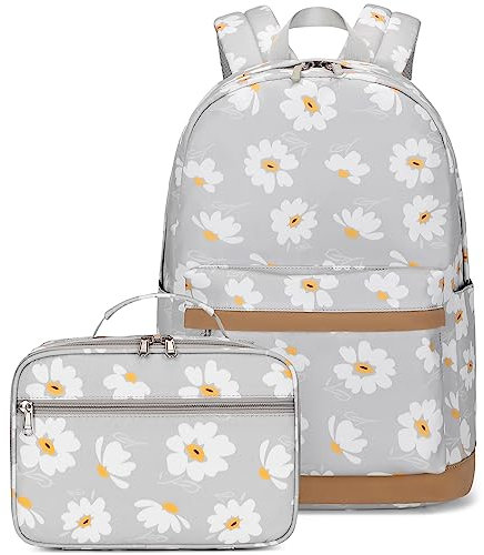Joyfulife Mochila para niñas con lonchera para niños, mochila para la escuela, ligera, resistente al agua, Gris margarita, L, Mochila con fiambrera