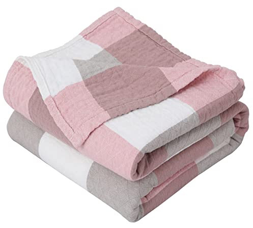 LHGOGO Vorge-waschene Baumwolle Decke, Kuscheldecke 200x230cm, Atmungsaktiv und Weich Sofadecke Tagesdecke mit Karomuster, Gemütlich Baumwoll Musselin Decke Wohndecke Sofaüberwurf Bettüberwurf