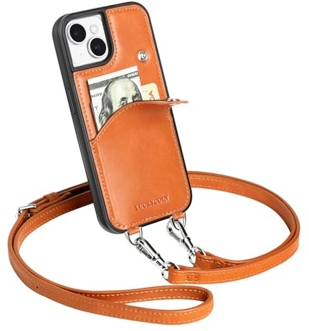 LUCKYCOIN Genuine Leather Crossbody Wallet Purse Case for iPhone 14 - Brown | 100% Genuine Leather, Wallet Phone Case for Women, Drop-Protection Phone Cover with Card Holder, Adjustable Strap, Hands-Free