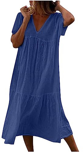 Susenstone Robe Longue en Coton et Lin Blanche Col en V Rétro Maxi Lâche Couleur Unie Bohème Mi-Longue Dress pour Fêter et Vacances à la Plage Bleu