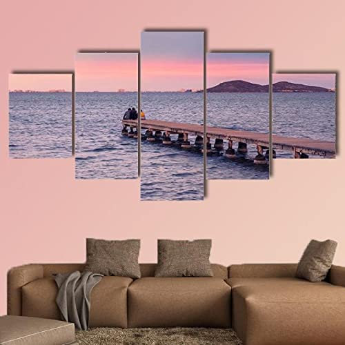 Kunstdrucke 5 Teilig Bilder Leinwand,leinwandbilder 5 teilig wohnzimmer dekoration,5 Teilig Wanddekoration Sonnenuntergang von einem Steg am Mar Menor im Sommer,Bilder auf Leinwand 5 teilig Poster