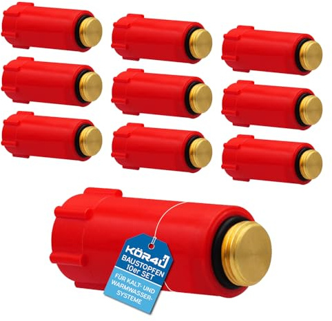 kör4u 10er Baustopfen 1/2 Zoll rot aus Kunststoff mit Metallgewinde Prüfset