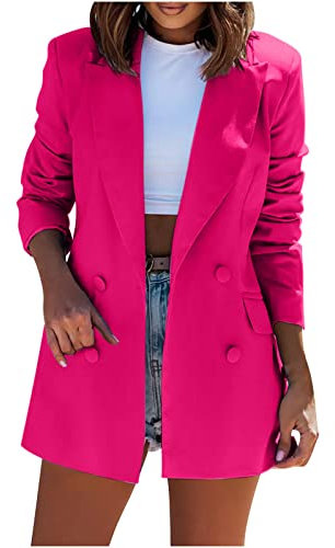 Blazers Jacket for Women UK Clearance Ladies Solid Lapel Blazer Suit Long Sleeve Elegant Coat Pockets Cardigan Tops Plus Size Casual Work Wear Business Office Formal Outwear Suits Hot Pink