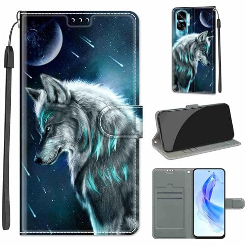 Coque pour Honor 90 Lite 5G / Honor X50i 5G, Housse Etui Portefeuille Cuir Multifonction, Fermeture Magnétique à Clapet Anti-Choc Compatible avec Coque Honor 90 Lite Book - Loup