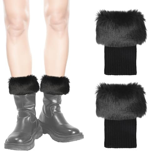 PEUTIER Flauschige Beinwärmer, 18cm Kurz Beinwärmer Flauschig Stiefelmanschetten mit Kunstfellbesatz Gestrickt Stiefelüberzüge Socken Winter Plüsch-Beinstulpen für Damen Mädchen (Schwarz)