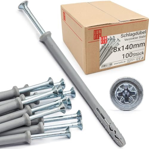 Chevilles à Frapper 8.0x140mm, 100 pièces – Chevilles béton et placo avec vis pré-montées – Cheville Murale Rapide – Goujon à Expansion, Fixation Mur, vis placo, ancrage à clouer