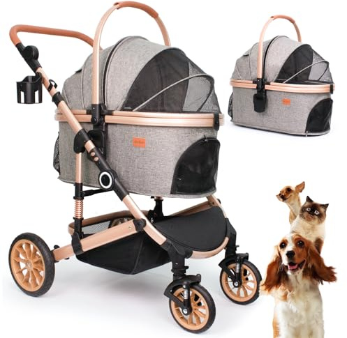 Bicystar Pet Stroller for Medium Dogs, Smooth-Ride Dog Stroller with Detachable Carrier, Rubber Wheels, Car Seat Combo 3-in-1, Up to 50 lbs, for Senior Dogs & Cats, Grey