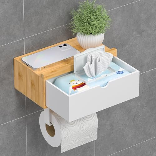 EXABANG Porte-rouleau de papier toilette sans perçage avec boîte à lingettes humides - Support en bambou pour salle de bain - Autocollant ou perçage - Naturel