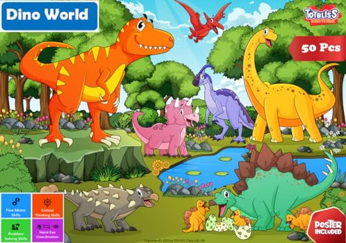 Puzzle 3 year old 50 Piece jigsaw puzzle for 3 year old Large Floor Puzzle Dinosaurs Animals Educational Jigsaw puzzles Big piece puzzles for 3+ year olds jigsaws toy Boy Girl Toy Gift TOTBLISS