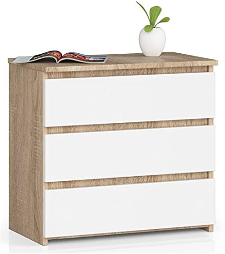 Kommode mit DREI Schubladen, elegant, für minimalistische Innenräume, 57 cm hoch und 60 cm breit, Wohnzimmer, Schlafzimmer, Flur, Schrank, Sideboard, Highboard, viel Stauraum, weiß