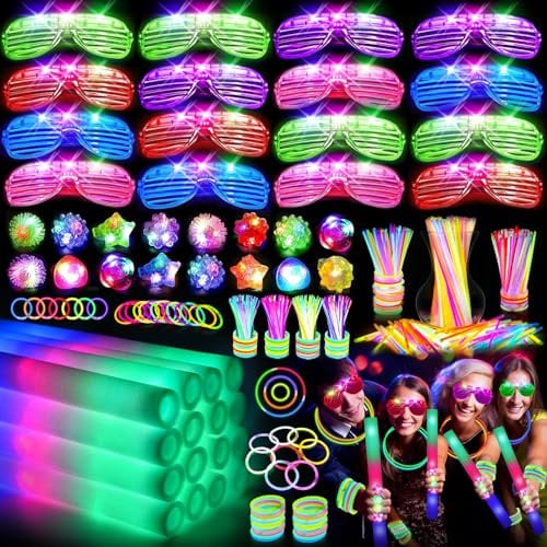 OLUPP 150 PCS Glow in the Dark Party Supplies, 16 Foam Sticks, 16 LED Glasses, 100 Glow Sticks and 18 Finger Lights for Halloween Party Favors, Wedding, Birthday, Concert, New Year, Carnivals, Raves
