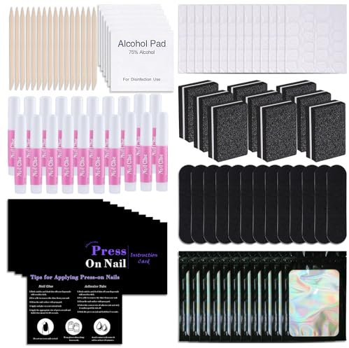 50 Set Disposable Nail Supplies Kits,Professional Manicure Press On Nail Tool Kit With Nail File ,Nail Buffer,Adhesive Tabs,Nail Glue,Sticks, Prep Pads,Bags,Instruction Cards for Nail Business(Black)