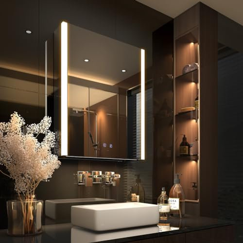 KWW LED éclairage Salle de Bains Armoire à Pharmacie avec Miroir, Température de Couleur réGlable, Anti - Buée Gradateur, Prise et USB, Armoire à Pharmacie Miroir Mural (55_x_70_cm)