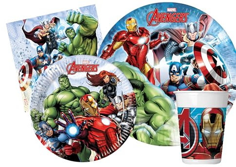 Kit Vajilla de Fiesta Marvel Avengers Infinity Stones para 24 personas (112 pcs: 24 platos Ø23cm, 24 platos Ø20cm, 24 vasos 200ml, 40 servilletas 33x33cm)