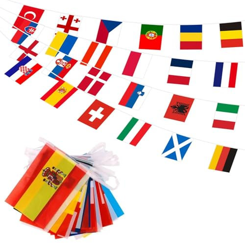 YongSral 2 Stück EM Fahnen Wimpelkette für Euro Fußball, 24 Länder Flaggen Girlande, EM Deko Wimpel Girlande, Fußball Em Flaggenkette, Wimpelkette Europa für Haus Garten Bar Party Deko(14 * 21CM)