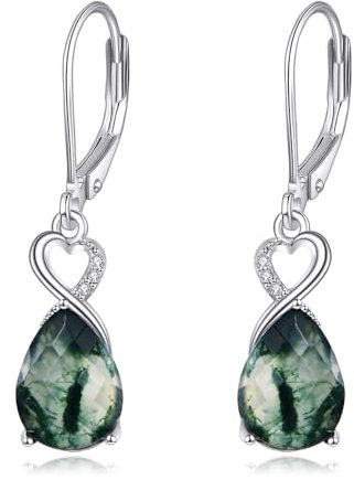 VONALA Unendlichkeitsherz-Ohrringe aus Moosachat, Sterlingsilber, Tropfenform, Leverback-Ohrringe, baumelnde Ohrringe, Moosachat-Schmuck, Geschenk für Frauen und Mädchen
