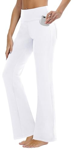 ZIRUU Activewear-Hosen für Damen mit Taschen Jogginghose Hohe Taille Yogahose Weites Bein Straighthose Bauchkontrolle Schlaghose Arbeit Sporthose(White, Large)