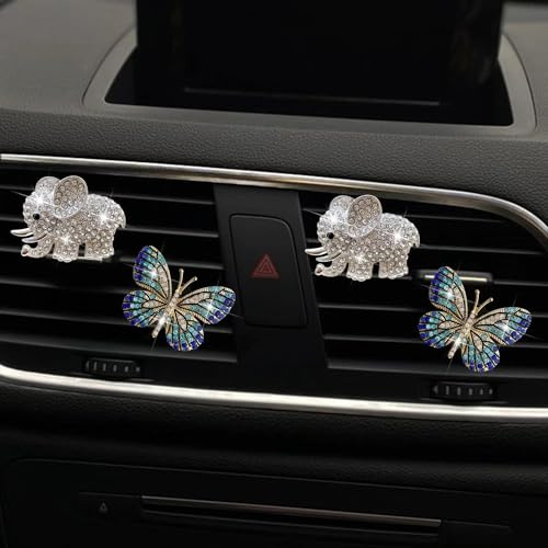 4 Stück Bling Schmetterling Lüftungsschlitz-Clips Kristall Elefant Auto Lufterfrischer Vent Clips Auto Diffusor Vent Clip Strass Dekoration Niedliche Innendekoration Bling Automotive Lufterfrischer