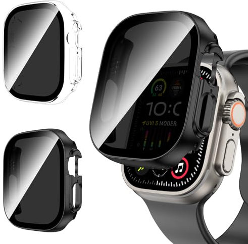 Neitra 2 Piezas Privacidad Protector Pantalla Funda para Apple Watch Ultra 2/Ultra, Carcasa Protector con HD Anti-Spy Película de Cristal Templado, Funda protectora para Apple Watch Ultra 49mm