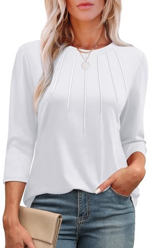 Aokosor Womens 3/4 Sleeve Tops Ladies Blouses Crew Neck Pleated Shirts Fashion Dressy Tunic Blouses Size 18-20 White
