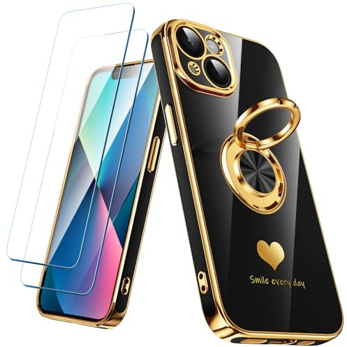 Nonional Compatible for iPhone 13 Case with 2 Pack Screen Protector, 360° Rotatable Ring Holder [Luxury Hearts Pattern] Plating Gold Edge Slim Soft Phone Cover Case for iPhone 13 - Black