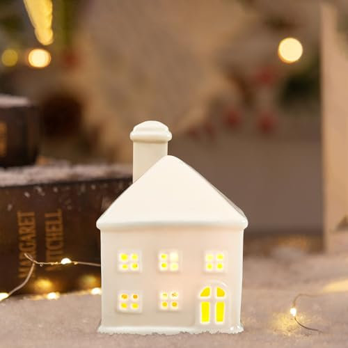 Xevinas Weihnachtsdorf Mit Beleuchtung, Weihnachten Deko Porzellan Häuser Weiß Batteriebetrieben, Keramik Häuser Weiß Aus Hochwertigen Keramikmaterialien, Weihnachtsdeko Figuren Für Tisch (E)