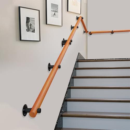 Pasamanos Escalera De Madera, Madera Barandilla Interior, Antideslizante Barandillas de Seguridad con soportes, Contra la Pared Kit de Barra de Agarre de Seguridad Para Ancianos y Niños (G, 60CM)