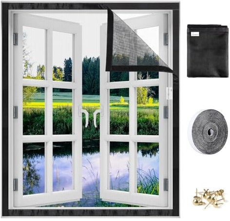 SWAWIS Negro 150x180cm Mosquitera para Ventana de Fibra de Vidrio, Malla Mosquitera para Ventanas Adhesiva con Correa de Velcro para Prevenir Mosquitos Insectos Moscas