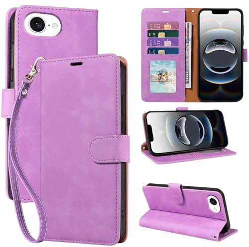 GOTOURED for iPhone 16e Case Wallet with 4 Card Slots & Strap (Purple) | PU leather flip cover, RFID blocking, magnetic closure, shockproof protection, folio design, kickstand, phone case