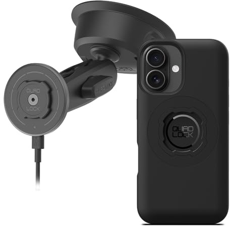 Quad Lock Soporte de teléfono de coche con ventosa resistente con funda para teléfono MAG y cabezal de carga inalámbrico MAG para iPhone 16