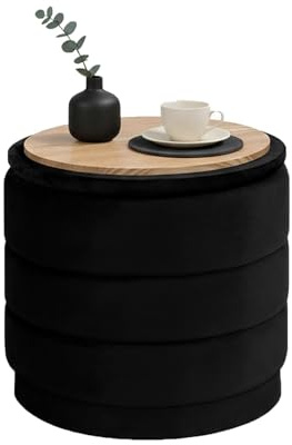 Bonlife Storage Ottoman Round - Folding Foot Rest with Hidden Storage, Black Velvet 39x39x37cm for Living Room, Bedroom & Hallway