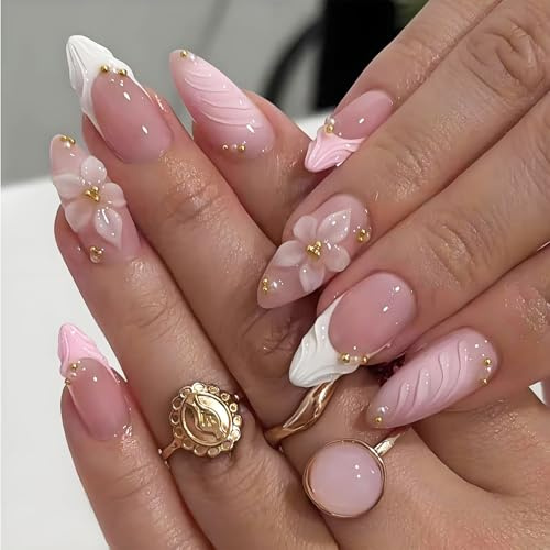 VelvetGlow 3D Pink Press on Nails Almond - Medium French Tip Fake Nails with Embossed Flower&Gold Bead Designs, Glossy Finish Reusable False Nails with Glue Tabs - 24Pcs Nail Kit for Women Manicure