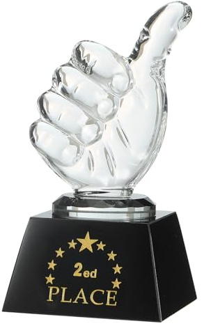 QUARKZMAN Crystal Glass Trophy Thumbs Up, 2ed Place Winner Trophies Award with Box pour Desktop Table Decor Tournaments Sports Competitions Paperweight, Clear Black Base