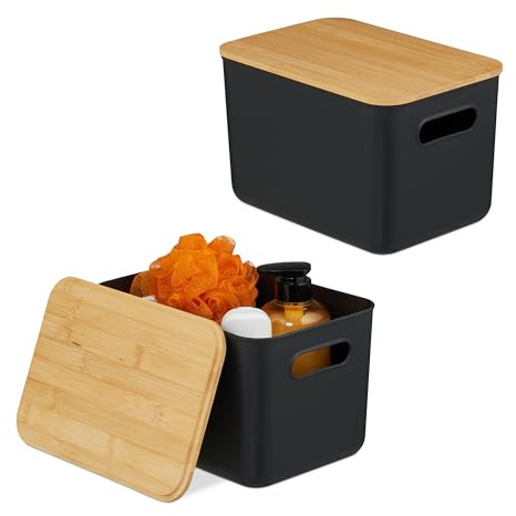 Relaxdays Aufbewahrungsbox, 2er Set, mit Deckel, Kunststoff & Bambus, mit Griffen, Organizer, HBT 16x26x17,5 cm, schwarz