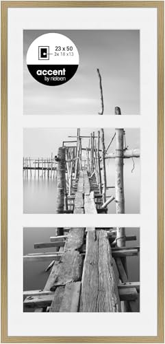 accent by nielsen Objektrahmen mit Passepartout, 23 x 50 cm, Holz (MDF), Eiche, Collage mit 3 Bildern zum Aufhängen im Hoch- & Querformat, Echtglas, Aura