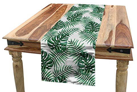 ABAKUHAUS Blatt Tischläufer, Palm Mango Banana Tree, Esszimmer Küche Rechteckiger Dekorativer Tischläufer, 40 x 225 cm, Jägergrün Weiß