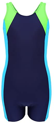 Aquarti Girls' One Piece Shorty Swimsuit Child, Dark Blue/Neon Green/Light Blue, 152