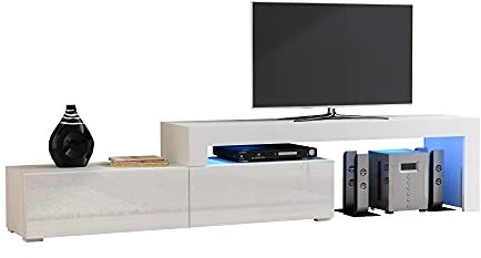 Erweiterbar TV Schrank Lowboard Fernsehtisch 148cm-280cm - Hochglanz Türen - LED (Weiß Matt + Weiß Hochglanz)