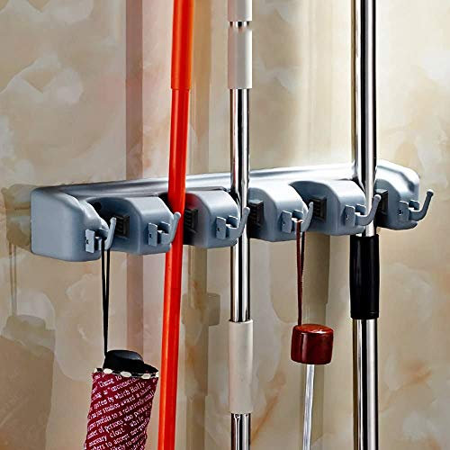 LSP Brush Broom Mop Holder + Tool Hanger | 5 Position and 6 Hooks | Wall Mounted Rack | Cupboard Tidy Storage Organiser for Rake, Duster, Sweeper