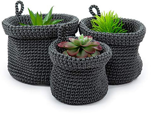 Truu Design Pflanzkorb aus gewebtem Stoff, 12,7 cm, 15,2 cm, 17,8 cm, Grau, 3 Stück