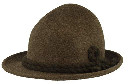 Breiter Original Herren Trachtenhut Filzhut Wanderhut Spitzkopf 100% Wolle mit Wollkordel - Dunkelgrün Loden M