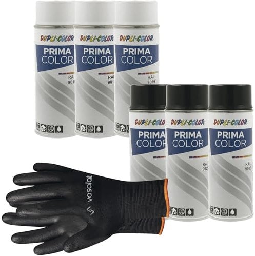 vasalat Dupli-Color Lackspray 3X reinweiß + 3X tiefschwarz glänzend RAL 9010/9005 - Sprühlack für Metall, Kunststoff und Holz - wetterfeste Sprühfarbe für den Innen- und Außenbereich UV -beständig