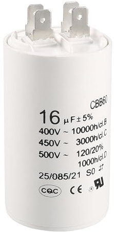 sourcing map CBB60 Betriebskondensator 16uF 450V AC Doppeleinsatz 50 / 60Hz Zylinder 75x37mm Weiß für Luftkompressor-Wasserpumpenmotor