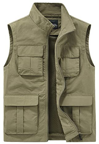 Yukirtiq Herren Anglerweste Outdoor Weste mit Vielen Taschen Fischerweste Schnelltrocknend Sommerweste Jagdweste Leicht Fotoweste Safariweste, Khaki, L