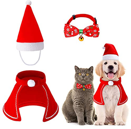 Kiiwah 3 Stück Weihnachten Hundekostüm Katzenkostüm, Weihnachtskleidung mit Weihnachtsmütze Fliege Halsband Roter Umhang für Hunde und Katzen Outfit for Dogs Cats
